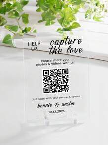Placa de acrílico com código QR para casamento, ajuda a capturar o amor, placa com foto de casamento, placa com código QR digitalizável para chá de panela, placa personalizada para casamento