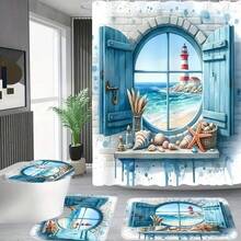 1/4 Bộ rèm tắm khách sạn phòng tắm căn hộ họa tiết ngọn hải đăng phong cảnh biển, bao gồm 12 móc, thảm chùi chân, nắp bồn cầu và thảm hình chữ U, Bộ rèm tắm 4 món phụ kiện phòng tắm - Nhiều màu - Xem 3