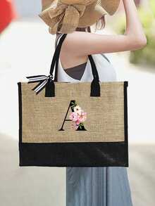 1 Set Women Beach Tote Bag With Shoulder Strap, Beach Hat And Cosmetic Bag; Pink Begonia Black Letter A-Z Pattern Tote Bag With Shoulder Strap And Cosmetic Bag; Personalized Gift Bag With Side Pocket - Khaki - View 4