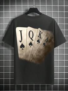 Camiseta de manga corta con cuello redondo, casual y de talla grande, con estampado de naipes