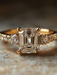 1pc Elegant Luxury Princess Cut Cubic Zirconia Ring, Women's Wedding Engagement Ring, Daily Party Jewelry, Birthday Anniversary Valentine's Day Gift - Golden - View 1