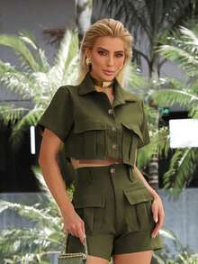 翻盖口袋短款衬衫和短裤 - 軍綠色 - 查看 3