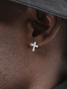 1 Pair Simple Personalized Fully Rhinestone Cross Stud Earrings, Men's Hip-Hop Micro-Inlaid Cubic Zirconia Earrings - Silver - View 1