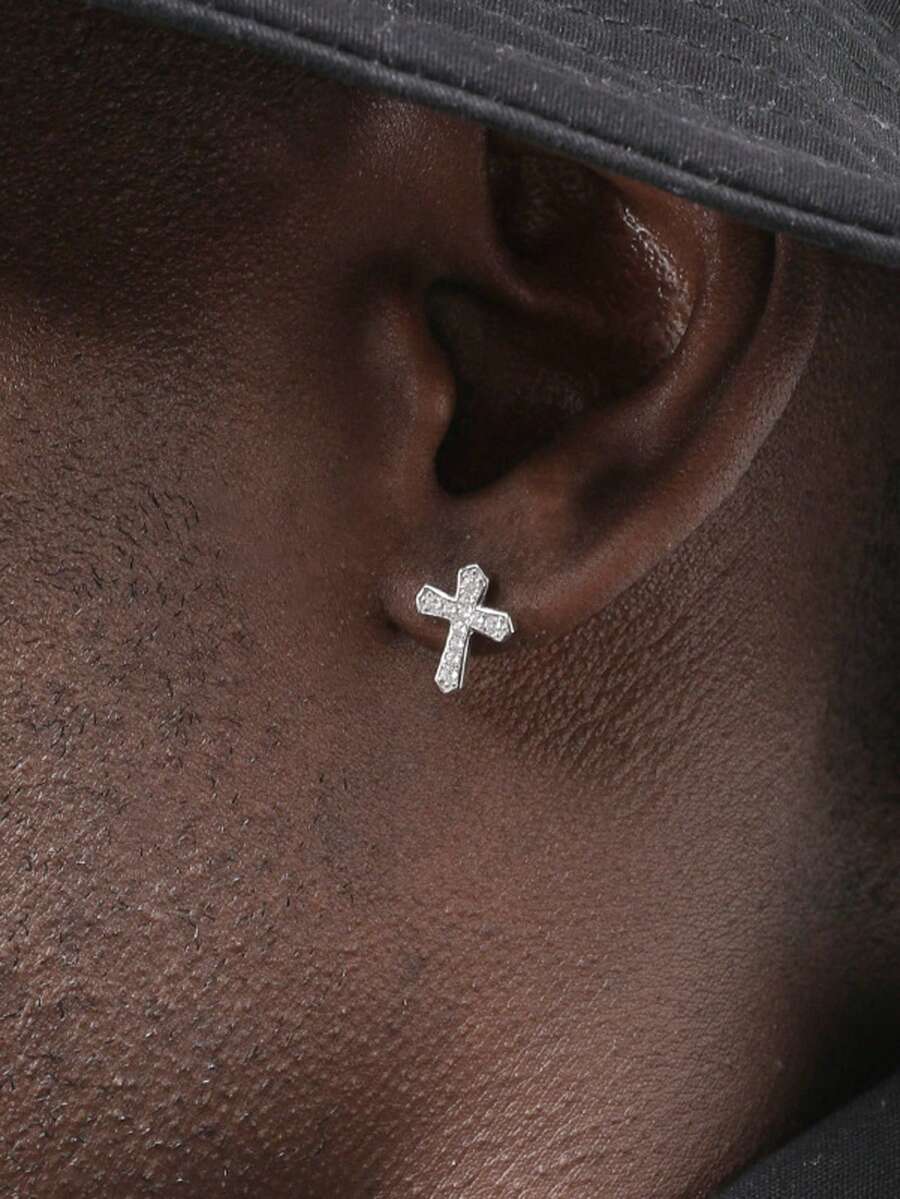1 Pair Simple Personalized Fully Rhinestone Cross Stud Earrings, Men's Hip-Hop Micro-Inlaid Cubic Zirconia Earrings - Silver - View 1