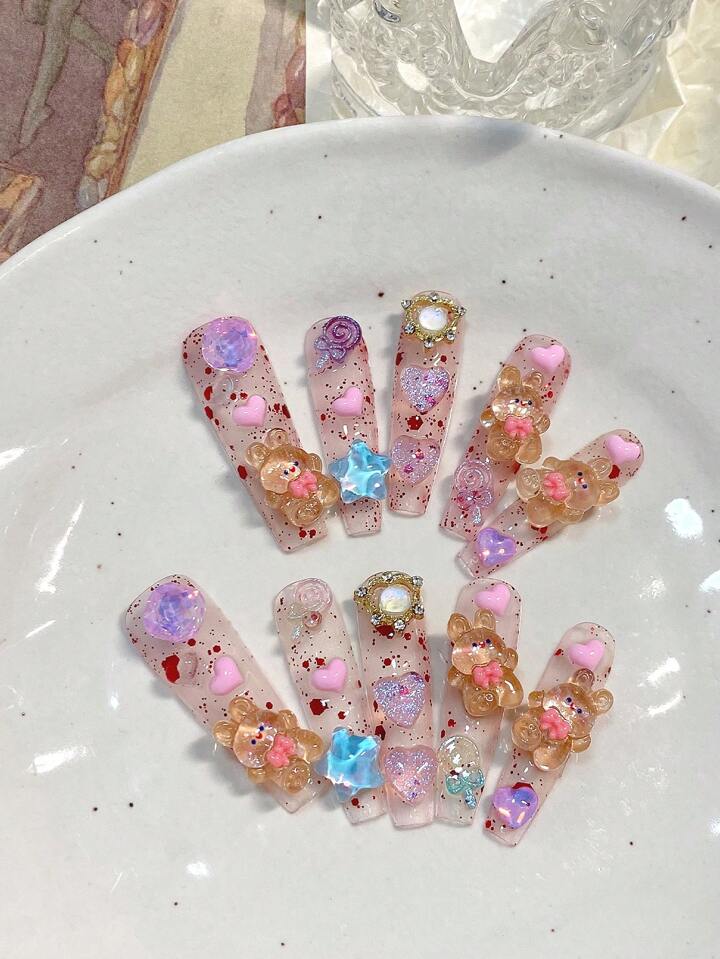 3D Rabbit Lollipop With Cute Childlike Love; Press-On Nails With Hand-Painted Glitter Base Color, Suitable For Daily Use, For Girls And Ladies With Super Long Nails, Party, Gathering.