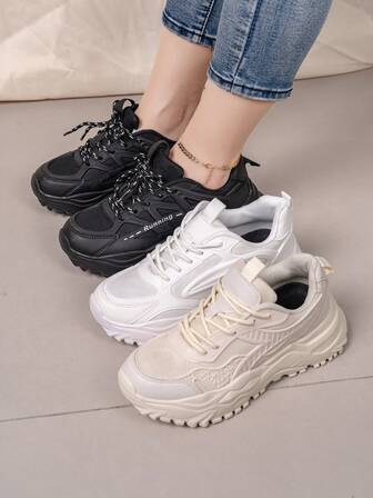 1 par de zapatillas casuales de malla transpirable con cordones y suela gruesa, adecuadas para adolescentes, primavera/otoño, uso diario, moda, escuela, estudiantes