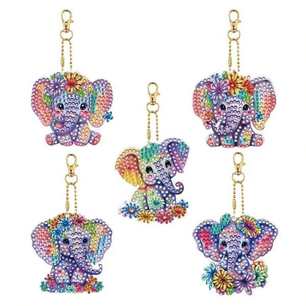 5pcs Diamond Painting Acrylic Keychain Kit, Animal Elephant Diamond-Shaped Rhinestone Double-Sided Keychain, Elephant Craft Decoration