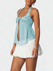 Womens Y2K Sequin Cami Tops Sexy Sparkle Lace Up Crop Top Tie Up Halter Scoop Neck Straps Tank Top - Màu xanh lam - Xem 2