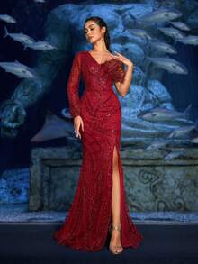 Faeriesty Haute Glamour Enchanting Sequined Mermaid Gown With High Slit & Intricate Beading - Fantasy Dress For Aquatic Banquets, Red Carpet Events, Marine-Themed Weddings & Luxury Photoshoots - Red - View 4