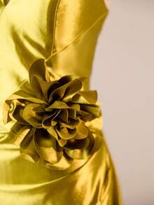 Asymmetric Neckline Asymmetrical Neck High Slit Long Dress, 3D Floral Design Satin One Shoulder Bridesmaid Gown Wedding Guest Dress - Olive Green - View 4