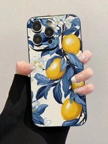 1 pieza Funda transparente reforzada y a prueba de caídas para teléfono con borde recto y perforado, estampado floral y de árbol de limón colorido