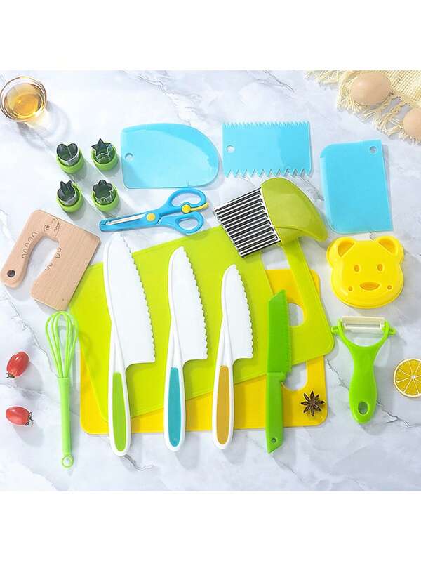 8/27 pièces Ensemble d'outils de cuisine pour enfants, outils de coupe de sécurité pour légumes de la petite enfance, ne blessent pas les mains. Jouets de simulation de maison pour enfants. Convient pour la découpe de légumes, les gâteaux, les fruits et légumes des enfants. Ensemble de jouets interactifs de cuisine parent-enfant (certains accessoires ont des couleurs et des formes aléatoires)