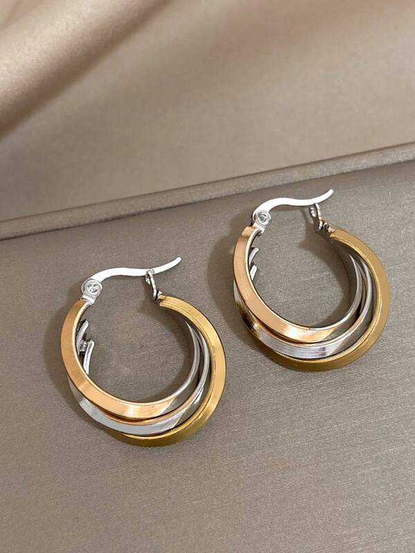 1 Paar modische Kreuz-Kreis-Edelstahl-Creolen für Frauen, Rock Gold & Silber Farbige verdrehte dreifach Ring Ohrringe, zweifarbige Ohrringe, Party, Club, Urlaub Schmuckgeschenke