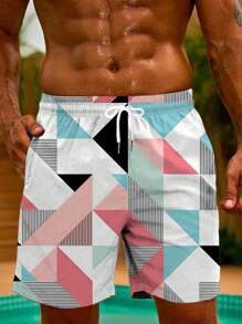 1 pièce Maillot de bain imprimé géométrique grande taille pour hommes, short de plage ample et décontracté pour l'été, séchage rapide, convient pour l'extérieur et les vacances quotidiennes, style hawaïen