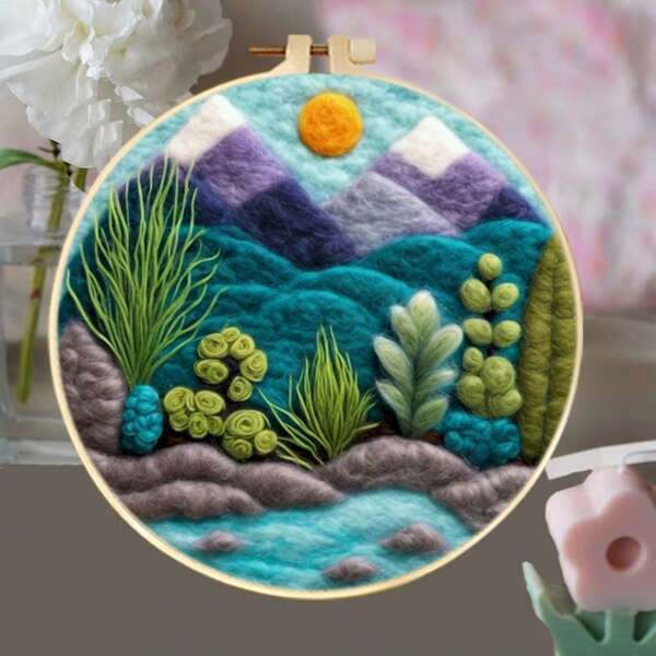 Zestaw startowy do malowania filcem igłowym Mountain DIY Wool Needle Felt, zestaw do malowania filcem igłowym dla początkujących River With Wool Filc Bag, igły filcowe, ramka na zdjęcia, mata piankowa, tkanina filcowa do wystroju wnętrz, rzemiosło artystyczne