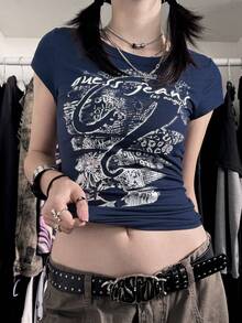 女式 Y2K 风格英文字母印花针织面料 T 恤，春夏季休闲街头服饰 - 藏蓝色 - 查看 4