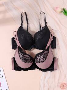 2 Pcs Romantic Countryside Charm - Elegant Mature Charm - Lace Patchwork Knit Bras