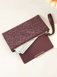 Women's Buckle Contrast Color Long Wallet Stylish Leopard Print Patchwork PU Leather Multifunctional Tote Zipper Coin Purse Card Holder ID Case Minimalist & Portable For Women Wallet Purse Wallet Wristlet Wallet - Burgundy - View 4