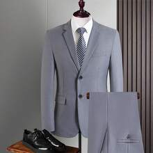 Men's Two-Piece Suit Set, Solid Color Classic Style, Business Casual Slim Fit Style, Western-Style Pants With A Back Slit Style - 灰色 - 查看 1