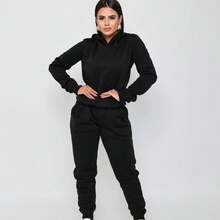 Women's Sweatshirt Set With Kangaroo Pocket Hooded Plush Cold Weather Set - Black - View 2