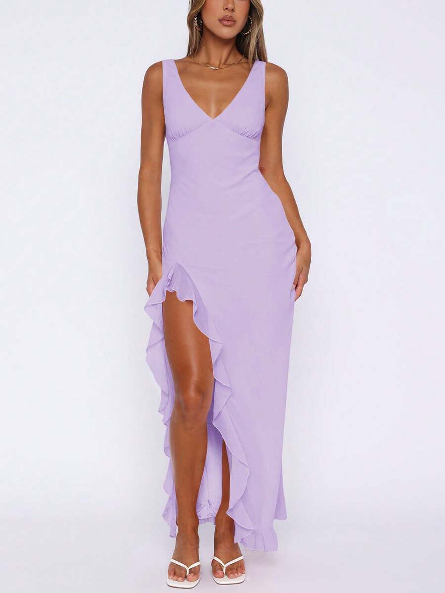 European & American Style Women Summer New Arrival Ruffle Hem Sexy Party Cocktail Dress, Versatile Formal Gown Wedding Spring - Purple - View 1