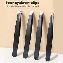 4 piezas Juego de pinzas para cejas de acero inoxidable, herramientas de maquillaje multifuncionales para dar forma a las cejas, eliminar vello fino, con estuche de cuero - Negro - Ver 8