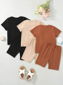 3pcs/Set Girls Cartoon Cat Print Solid Color Round Neck Short Sleeve T-Shirt And Shorts Set