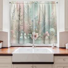 60"X18"1PC Or 28"X40"2PCS Delicate Flowers Pastel Lines With Rustic Back Print Modern, Window Treatments For Kitchen Room Decor, Camel Lavender Beige,2 PCS 28"(W) X 40"(H)+1 PC 60 X 18 Inchs - 杏仁綠 灰色 黃色 - 查看 5