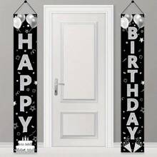 2pcs 1 Pair Of 2D Door Signs Polyester Happy Birthday Door Signs, 12x71 Inches, No Electricity Required, Suitable For Party Decoration, Black And Silver