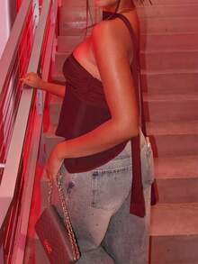 Women's New Bandeau Satin Crop Top With Matching Scarf, Summer Short Blouse - Burgundy - View 6