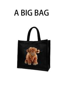 Yak Print Black Linen Handbag, Large Capacity Cosmetic Bag With Hand Strap, Black Linen Coin Purse, Black Square Shopping Bag, Women's Linen Large Capacity Tote Bag, Handbag And Cosmetic Bag Set, With Pattern Print Design, Suitable For Women, Is The Best Choice For Daily Leisure, Travel And Outdoor, Or A Thoughtful Gift For Family, Friends, And Artistic Style And Artistic Workers. Birthday Gifts, Teacher's Day Gifts, Mother's Day Gifts. - Black - View 14