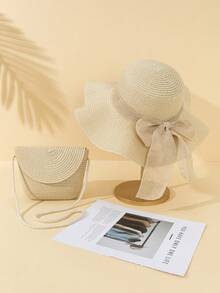 2pcs/Set Women Khaki Wavy Sun Hat & Crossbody Straw Woven Tote Bag, Suitable For Beach Vacation Travel - Beige - View 2