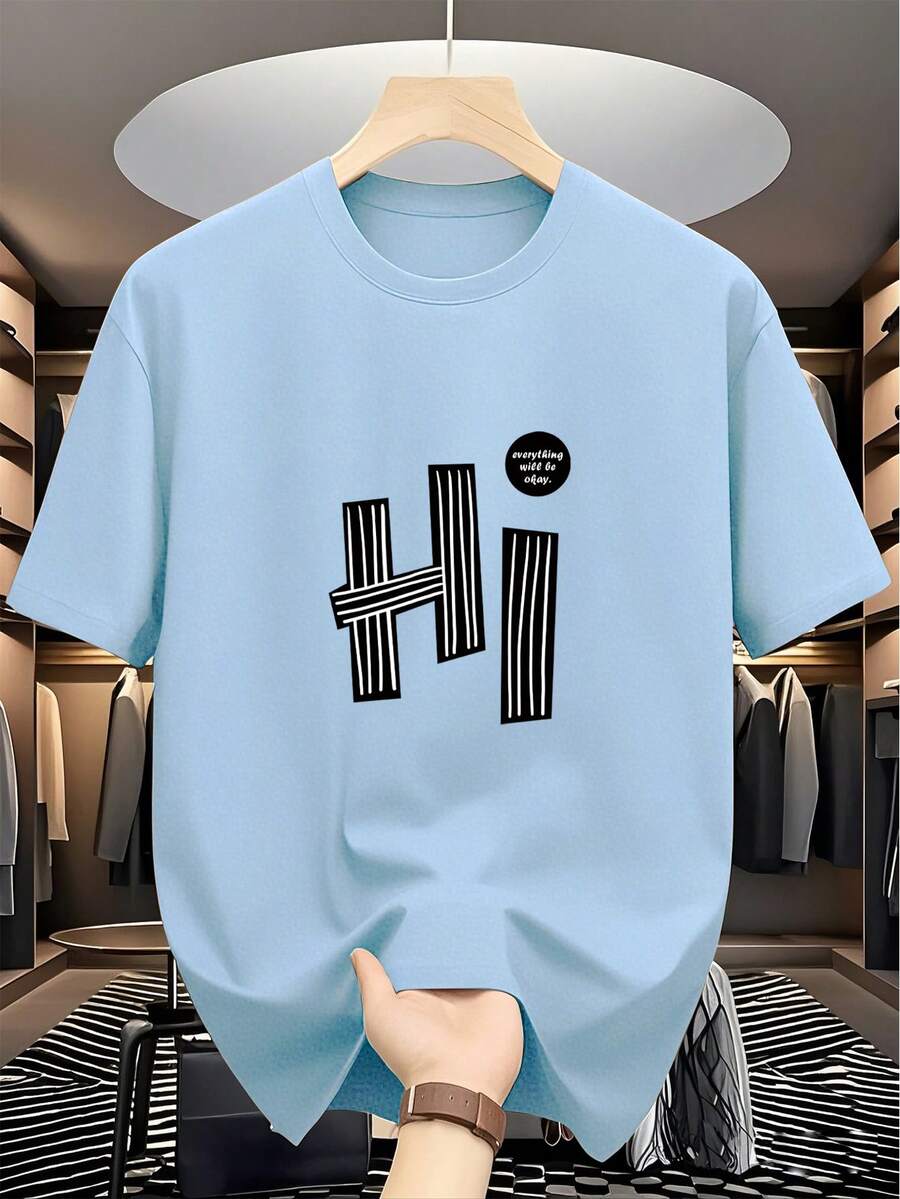 Herren T-Shirt mit Rundhalsausschnitt und Buchstaben Muster, geeignet für den Sommer - Babyblau - Übersicht 1