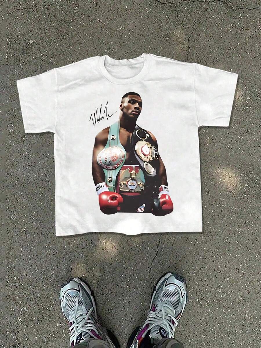 Tricou unisex cu grafic vintage cu legenda boxului "Mike Tyson" din anii 90, design retro stradal potrivit pentru fanii boxului, tricou vintage cu autograf pentru colecționari și pasionați de sport