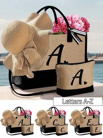 女士沙滩手提包，配有肩带、沙滩帽和化妆包，黑色爱心字母 A-Z 沙滩配件套装，个性化礼品袋，带侧袋，大容量，方便的化妆包，带围巾的沙滩包