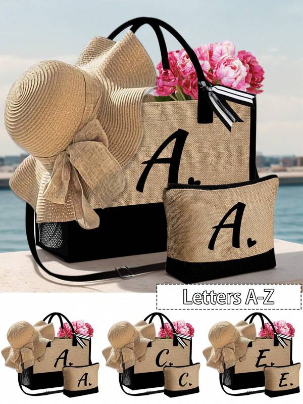 Sac cabas de plage pour femmes avec sangles d'épaule, avec chapeau de plage pour femmes et sac de maquillage, sac d'accessoires de plage avec lettre d'amour noire A-Z, sac cadeau personnalisé avec poches latérales, grande capacité, sac de beauté pratique, sac de plage avec écharpe