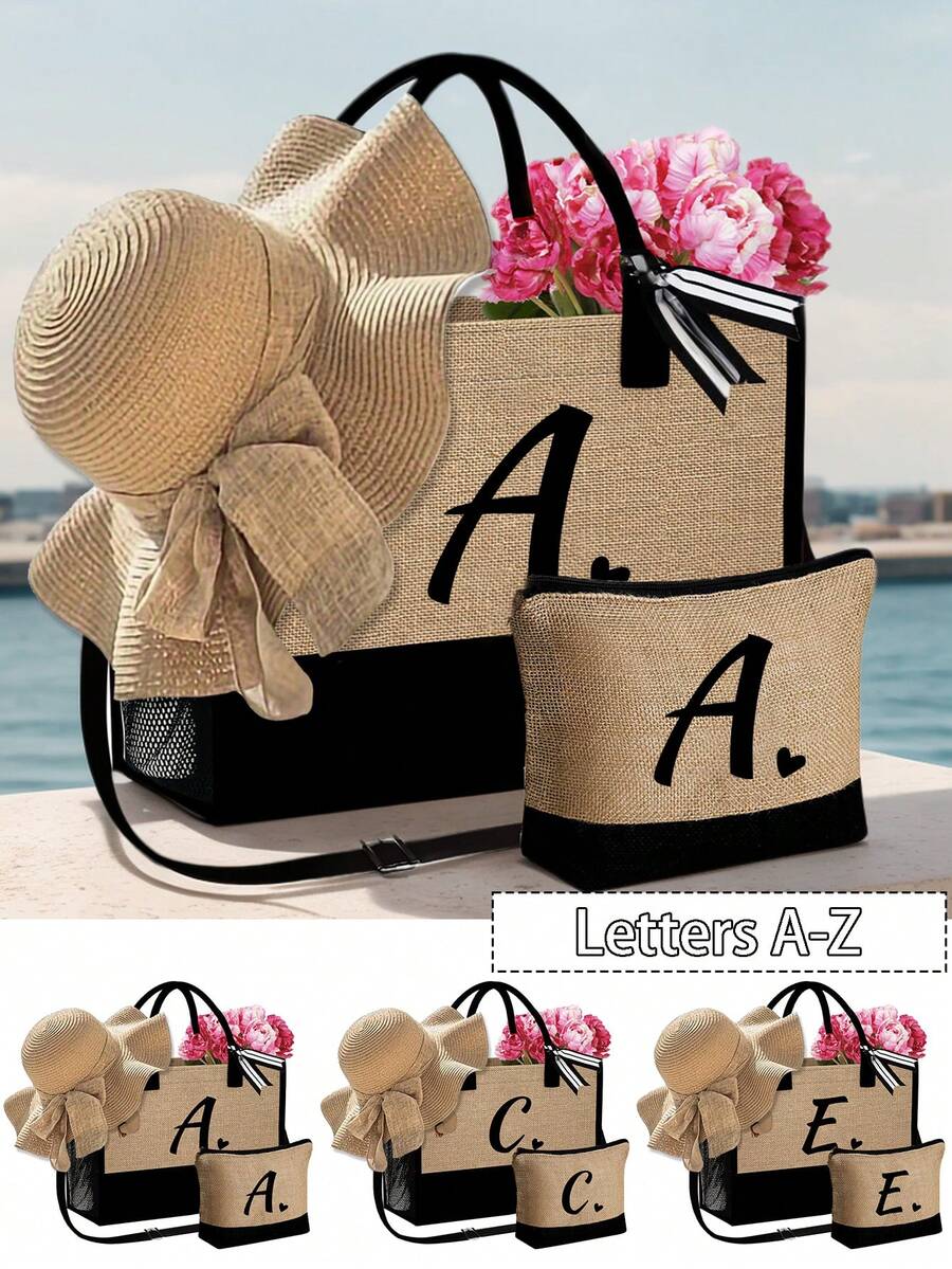 女士沙滩手提包，配有肩带、沙滩帽和化妆包，黑色爱心字母 A-Z 沙滩配件套装，个性化礼品袋，带侧袋，大容量，方便的化妆包，带围巾的沙滩包 - 卡其色 - 查看 1