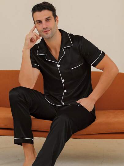 Conjunto de 2 piezas de pijama para hombres con top con botones abiertos y pantalones