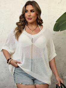Plus Size Mesh Short Sleeve V-Neck Sweater, Fashionable For Summer - Apricot - View 5