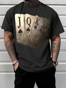 Camiseta de manga corta con cuello redondo, casual y de talla grande, con estampado de naipes