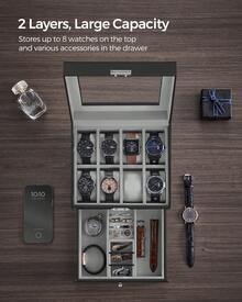 SONGMICS Watch Box, Watch Case With Glass Lid, 2-Tier Watch Display Case For 8 Watches, Lockable, 1 Drawer, For Rings, Bracelets, Gift Idea, Black Synthetic Leather, Greenish Grey Lining Back To School Dormitory Storage - Black - View 2