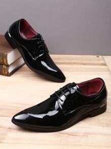 Men's Printed Pointed Toe Low-Top Lace-Up Low Heel Formal Dress Shoes, British Style For Mid-Aged, Party, Spring & Autumn, Hairdresser, PU Leather