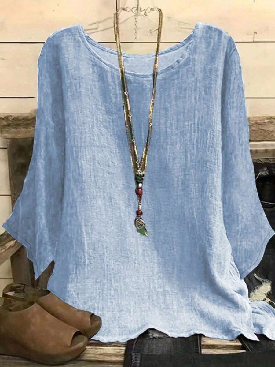 女士纯色圆领长袖简约休闲衬衫 - 淺藍色 - 查看 1