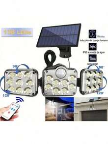 Lámpara Solar Exterior con Sensor de Movimiento - 138LED Lampara Solar de Tres Cabezales con Mando a Distancia, 3 Modos, Iluminación gran angular de 270°, Impermeable Luz Solar Exterior - Negro - Ver 1