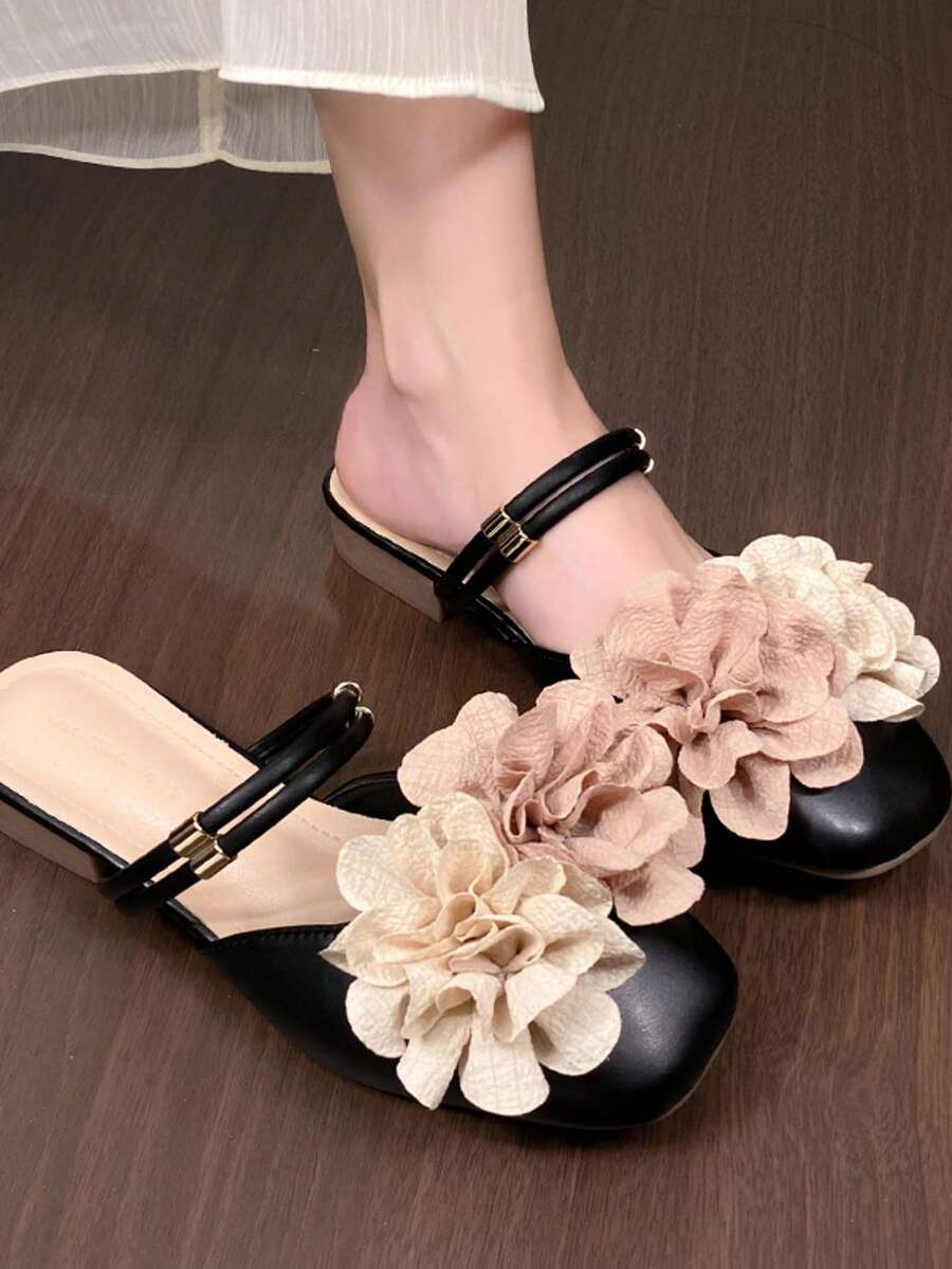 Women's Rose Flower Slip-On Mule Sandals, Summer Open-Toe Slide Shoes - Black - View 1