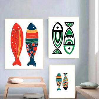 1 pieza Carteles de arte de pared sin marco, acuarelas, arte en pared de peces coloridos con pintura abstracta, póster y estampados para decoración del comedor, decoración para el hogar, cuadrosnalmarco de decoración