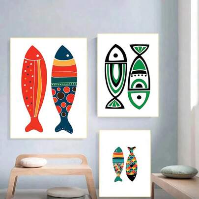1 pieza Carteles de arte de pared sin marco, acuarelas, arte en pared de peces coloridos con pintura abstracta, póster y estampados para decoración del comedor, decoración para el hogar, cuadrosnalmarco de decoración