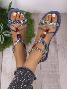 2025 Summer New Fashion Comfortable Women Sandals Bohemian Beach Thong Buckle Beaded Elastic - Blue - View 2