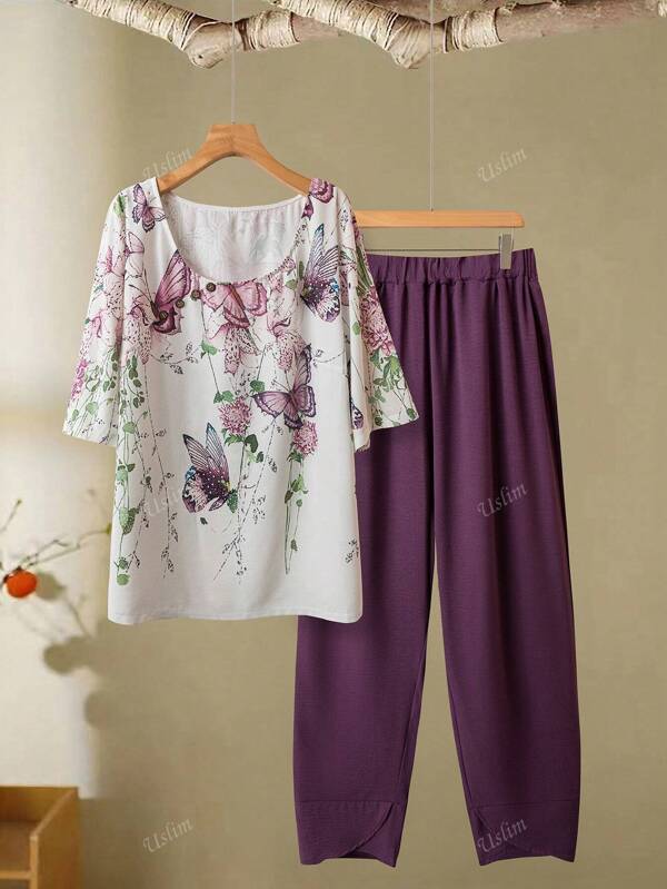 Falsche Leinen Lässig Schmetterling Muster Top und einfarbige Hose, minimalistischer Modestil für den Alltag