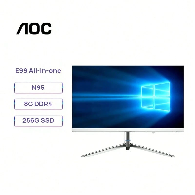 AOC All-In-One Desktop Computer E99, 23.8 Inch Commercial & Home Office PC, (3.40 GHz), 8G DDR4, 256G SSD, Wi-Fi 5, Height Adjustable Stand, Wired Keyboard, UPS Detachable Battery, 300W, Camera, Windows 11 Pro - UK Plug(220-240V) - View 1